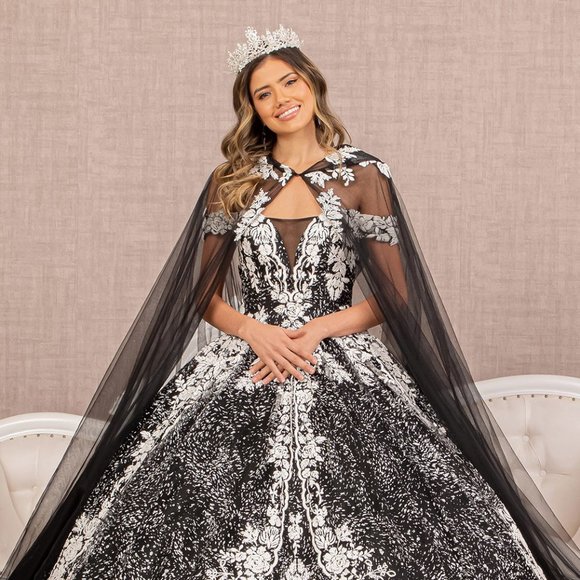 NEW OFF THE SHOULDER SLEEVELESS BALL GOWN WITH MESH CAPE & LACE UP BACK GL3168 - Picture 4 of 11